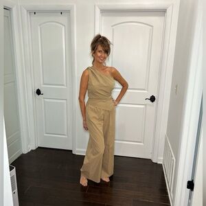 Elegant Tan One-Shoulder pant set